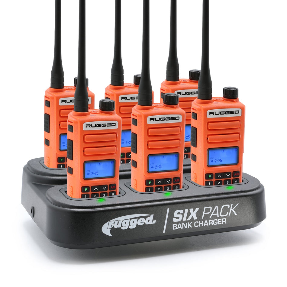 6 Pack - Rugged GMR2 PLUS - GMRS and FRS Two Way Handheld Radios with Bank Charger