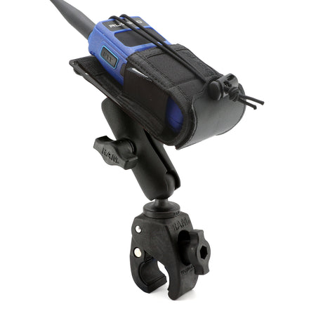 Motorcycle RAM Mount Shown with Optional Radio Pouch for Handheld Radios