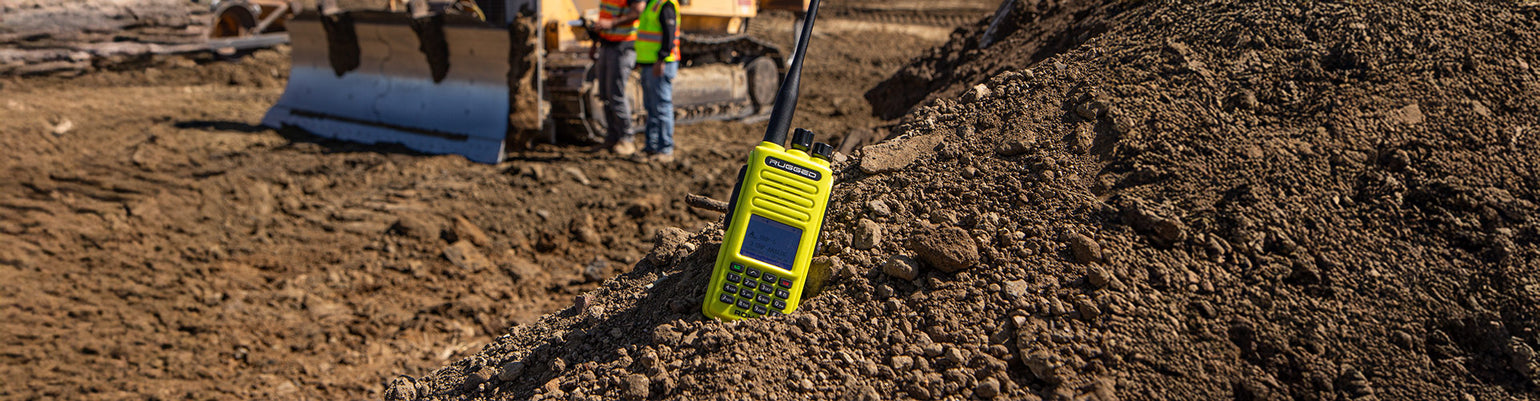 Workers using Rugged Radios headsets and handhelds to communicate clearly in noisy environments like construction sites, warehouses, and restaurants, improving safety and productivity.