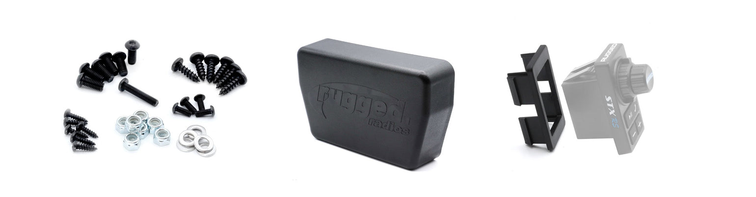 Mount parts and accessories—magnetic radio/intercom covers, blank block‑off plates, switch hole plugs, dress bezel inserts, nut plates, and replacement hardware packs