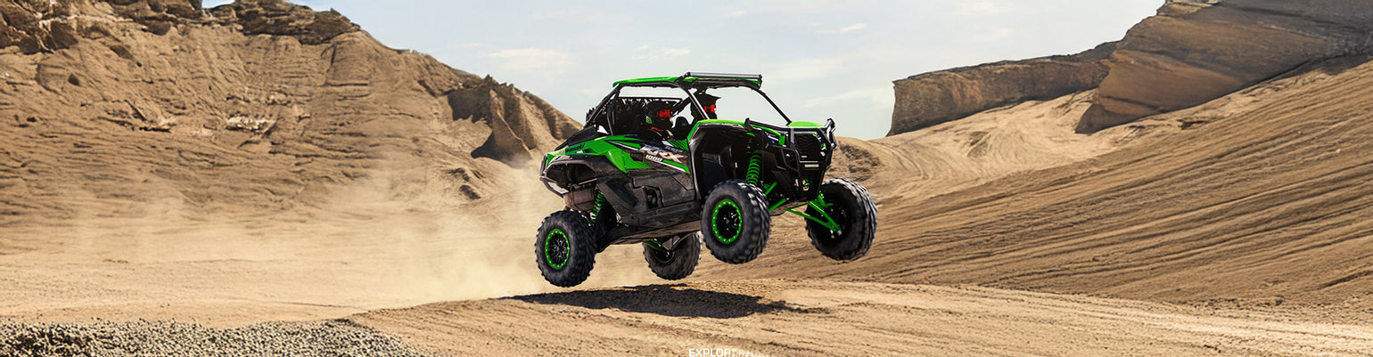 Rugged Radios Kawasaki UTV communication kits—drop‑in dash or top‑mount multi‑mount kits with GMRS mobile radio and Bluetooth intercom for Teryx and KRX UTVs