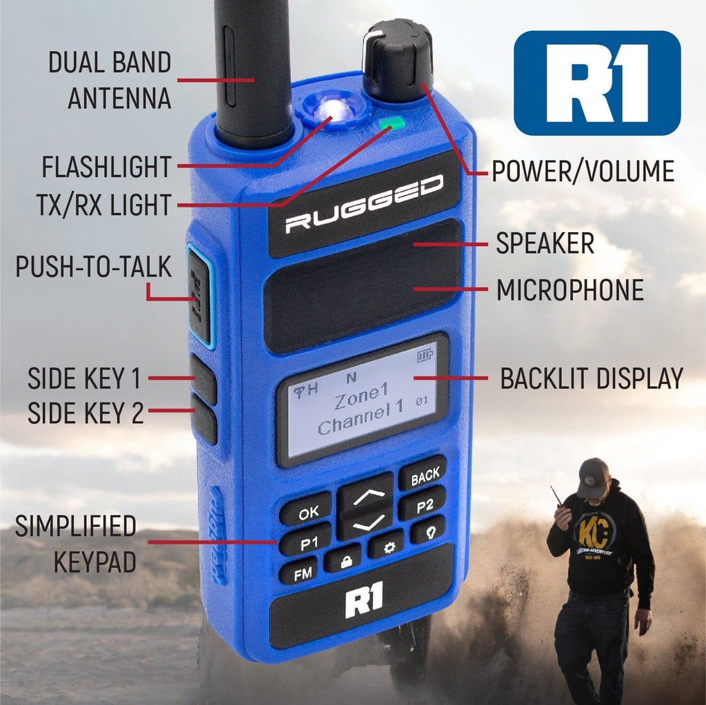 R1 radio features dual band antenna, flashlight, push-to-talk, backlit display, easy to use keypad, transmit and receive light, and more