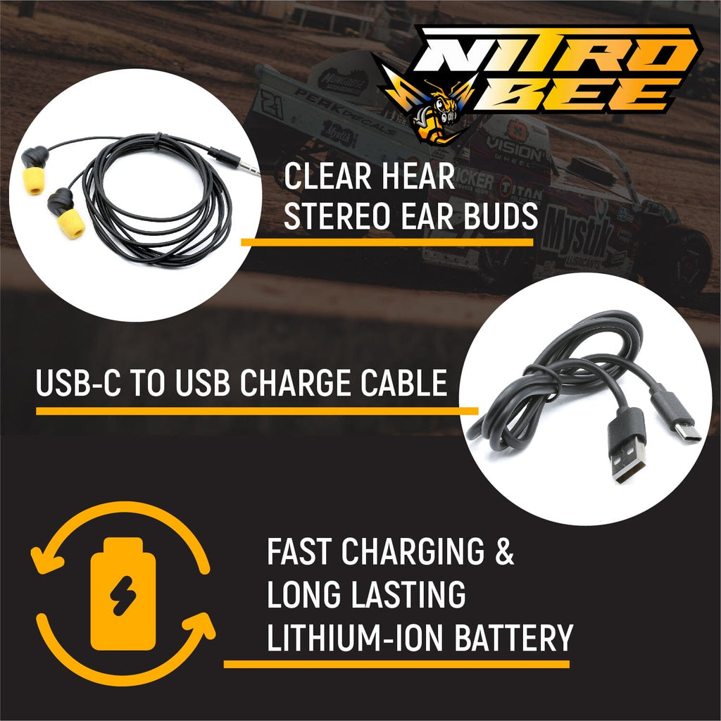 Nitro Bee Xtreme UHF Race Receiver with Stereo Earbuds and USBC Charging Cable